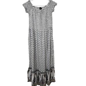 Marianne Women's Plus 1X(L-XL)Smocked Boho Maxi Dress Blue White Geometric